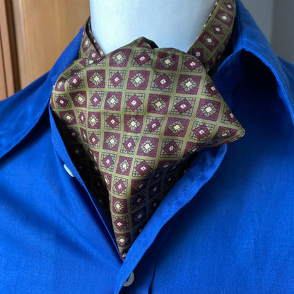 Mod style green, red and cream tile print vintage cravat by British brand Sammy