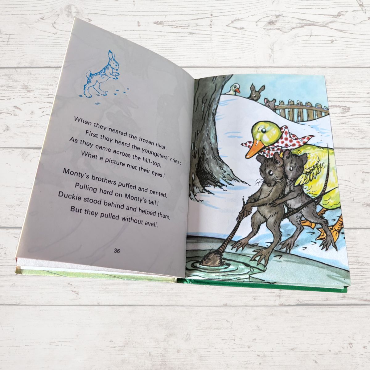 An open children's picture book lying on a white wood surface, showing two illustrated pages. The left page has a small blue duck illustration and a poem about ducks crossing a frozen river.