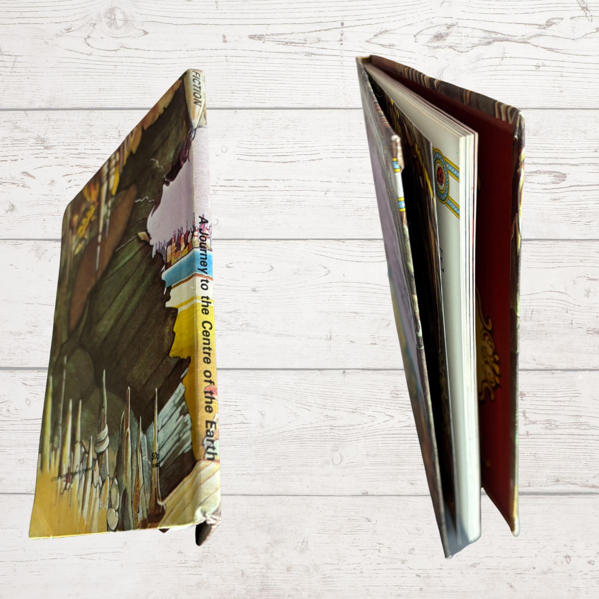 A hardcover book shown from two angles on a white wood background. The left view shows the illustrated front cover with the spine visible, and the right view shows the open interior pages and a reddish inner cover.