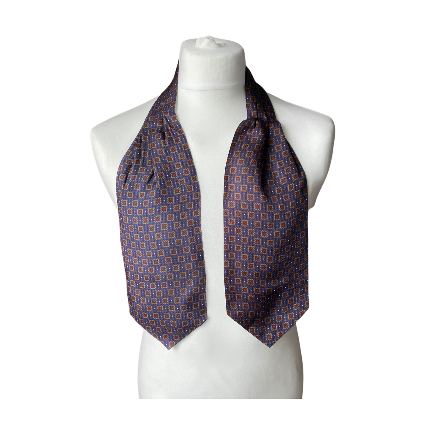 Mod style purple, gold, red and black tile print vintage cravat by British brand Duggie