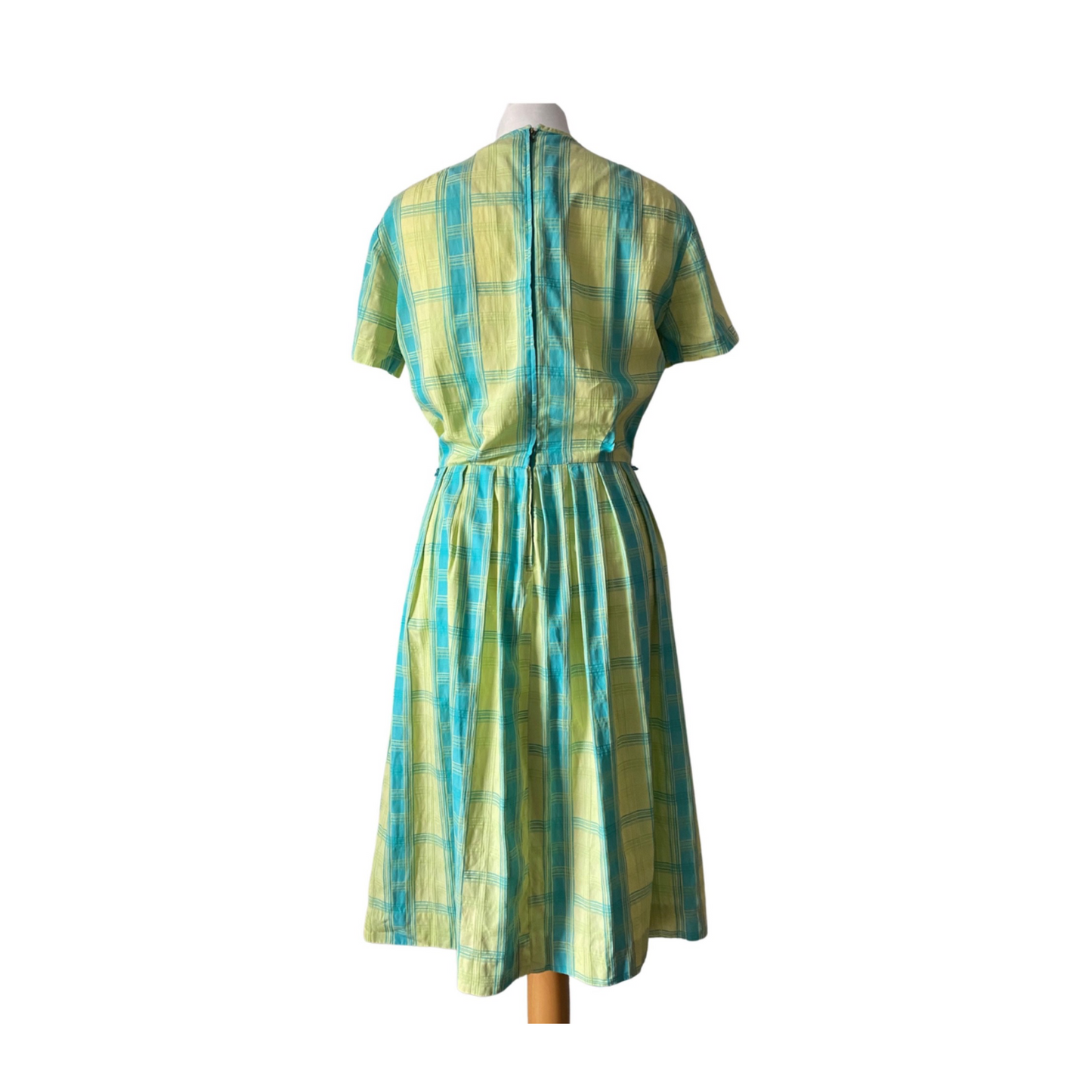 50s cotton blue and green checked summer dress . Approx  UK  8-10