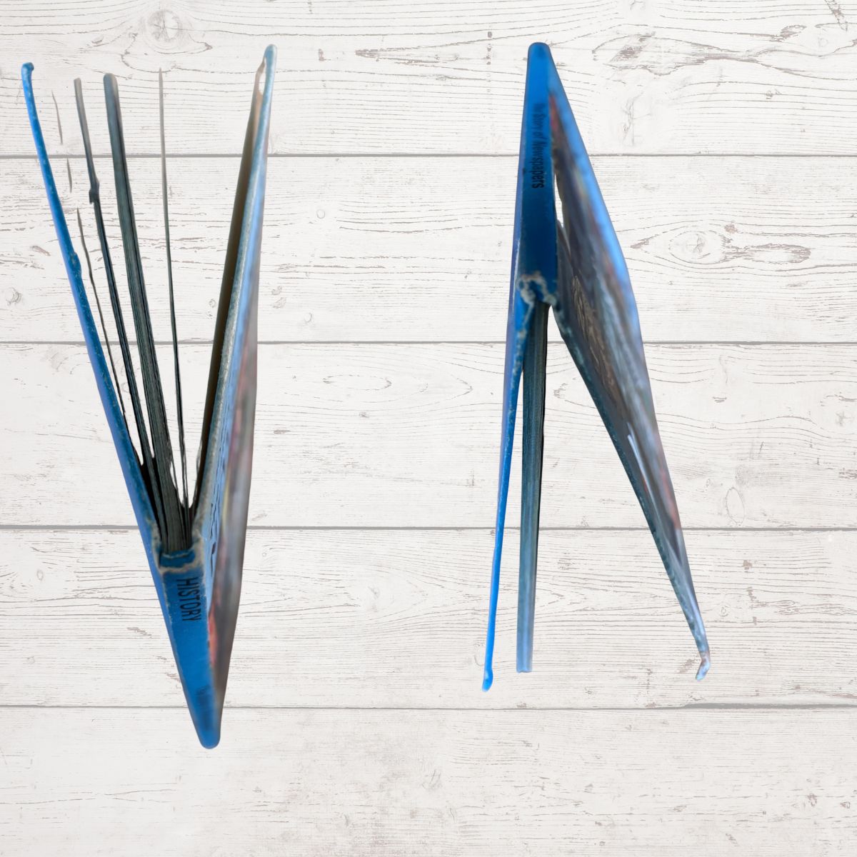 A book shown from two angles against a light whitewashed wood plank background. The item has a bright blue cover with dark interior pages and a printed cover design featuring blue, black, and gray tones.