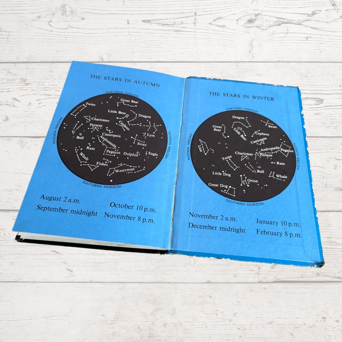 An open vintage blue book showing the constellations of the stars in autumn and winter, laid flat on a white wood background.