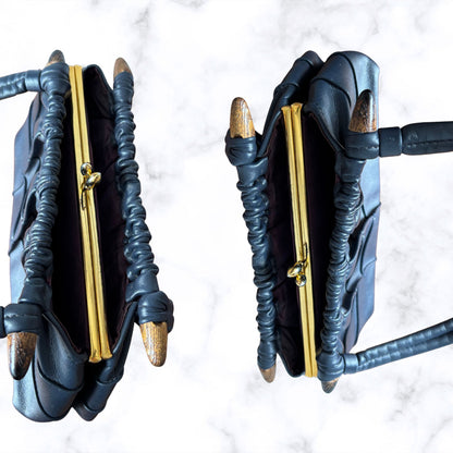 Navy Blue Miss Salisbury Vintage Top Handle Bag with Wooden Detail