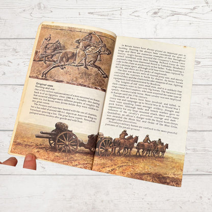 An open vintage book  lying on a white wood surface, showing sepia-toned illustrations of a horse-drawn carriage and printed text on both pages. A person's fingers are visible holding the left edge of the book.