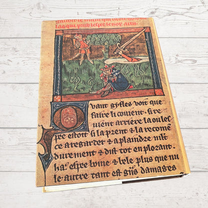 Decorative book cover with medieval-style illustration and text on a wooden surface