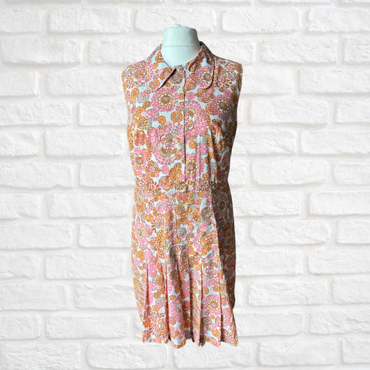 60s Abstract Floral Print, Cotton Blend Vintage Summer Dress. Approx UK size 18-20