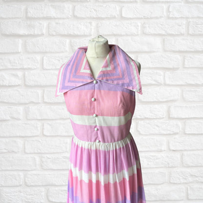 Stunning 70s Pink, Purple, and White Sleeveless Maxi Dress with Dagger Collar - Lisa Young, London . Approx UK size 8-10