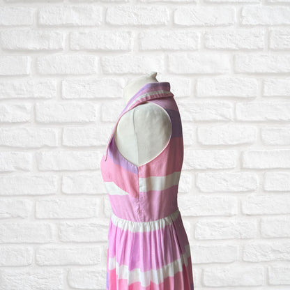 Stunning 70s Pink, Purple, and White Sleeveless Maxi Dress with Dagger Collar - Lisa Young, London . Approx UK size 8-10