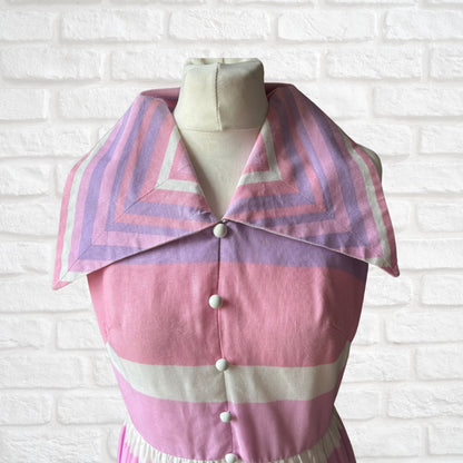Stunning 70s Pink, Purple, and White Sleeveless Maxi Dress with Dagger Collar - Lisa Young, London . Approx UK size 8-10