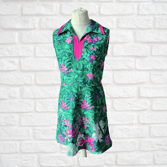 Vintage 60s/70s Tropical Print Sleeveless Summer with V-Neck and Pink Trimmed Collar.Approx UK Size 12-14