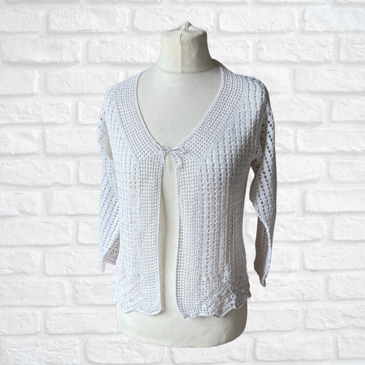 Vintage White Crochet Cardigan: Open Knit Design with Floral Detailing. Approx UK size 10-12