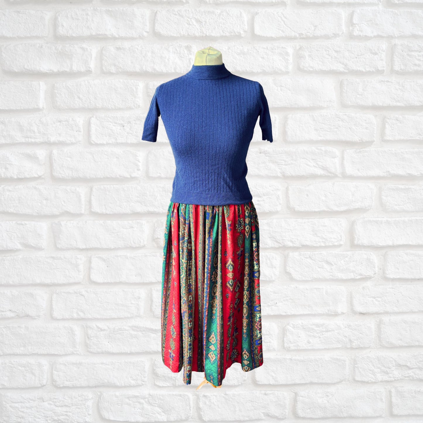 Vintage Paisley Silky Midi Skirt in Red, Green, White, and Blue. Approx UK size 10-12