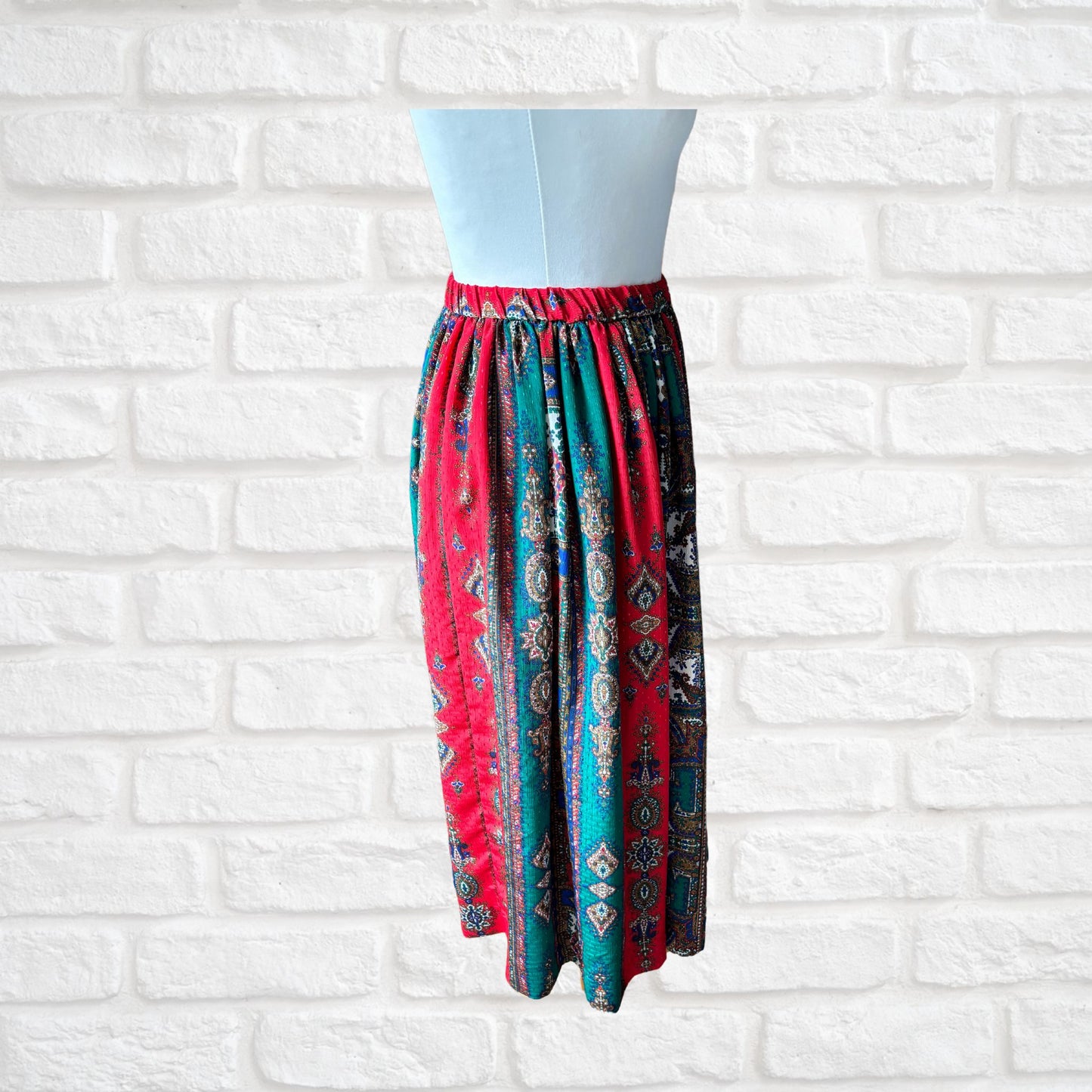 Silky Paisley red, green, blue and white vintage skirt - side  view 