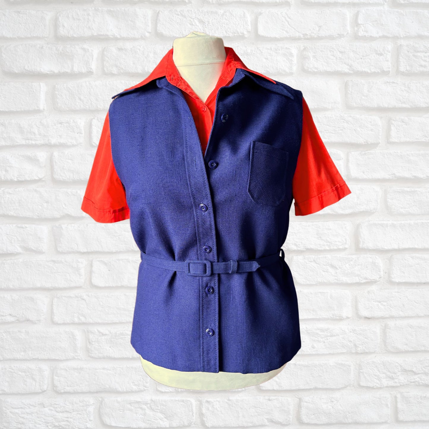 Vintage 70s Navy Blue Belted Waistcoat Top with Dagger Collar.Approx UK size 14-16