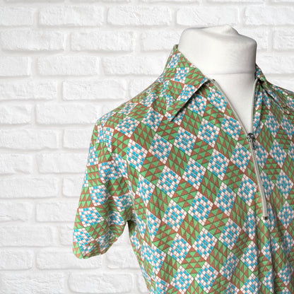 70s Geometric Print Cotton Vintage Shirt with Zip Front. Approx UK size M - L ( men) 14 -16 (women )