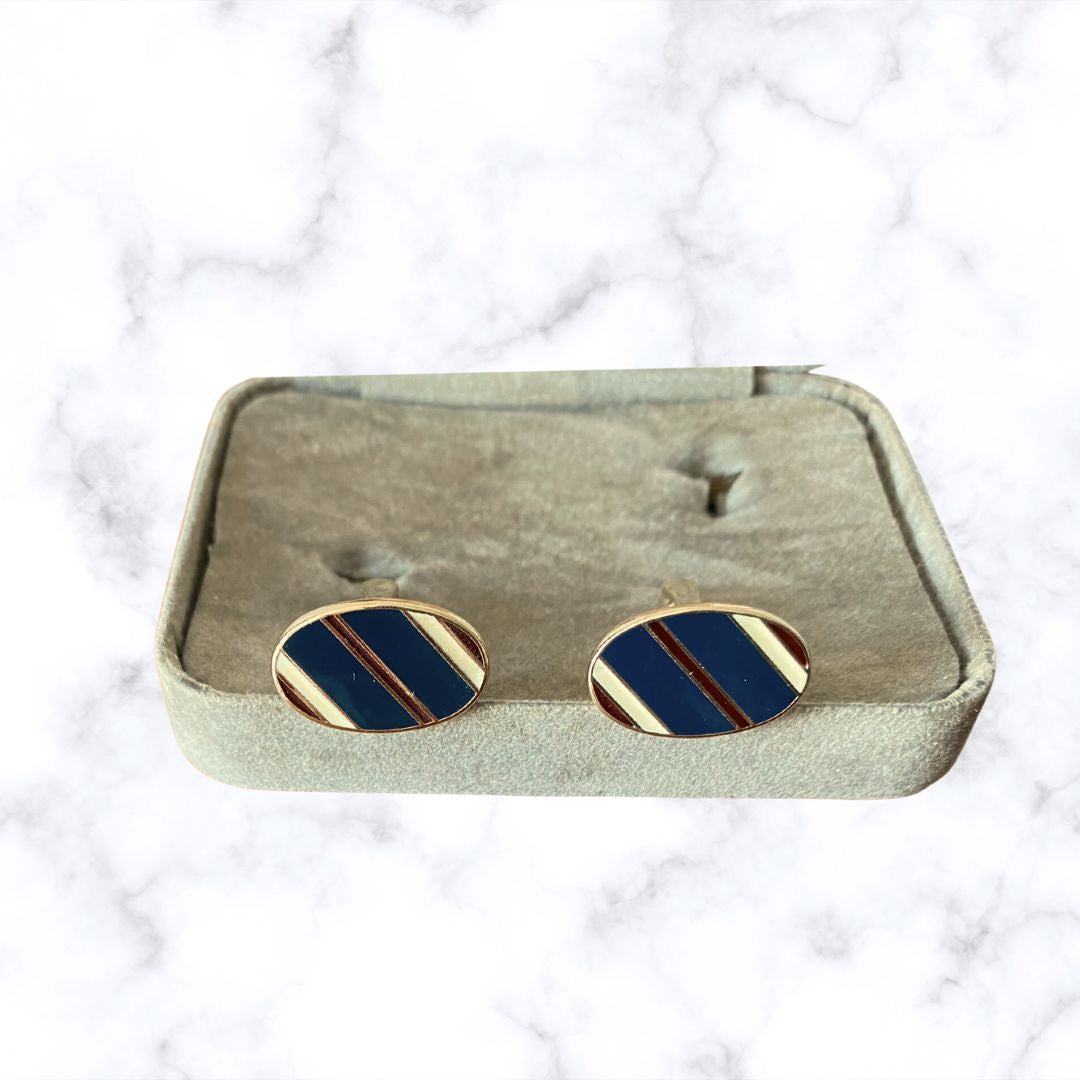 Stunning Blue,Red and Cream Oval Vintage Cufflinks in the Original Box - Perfect Gift Idea