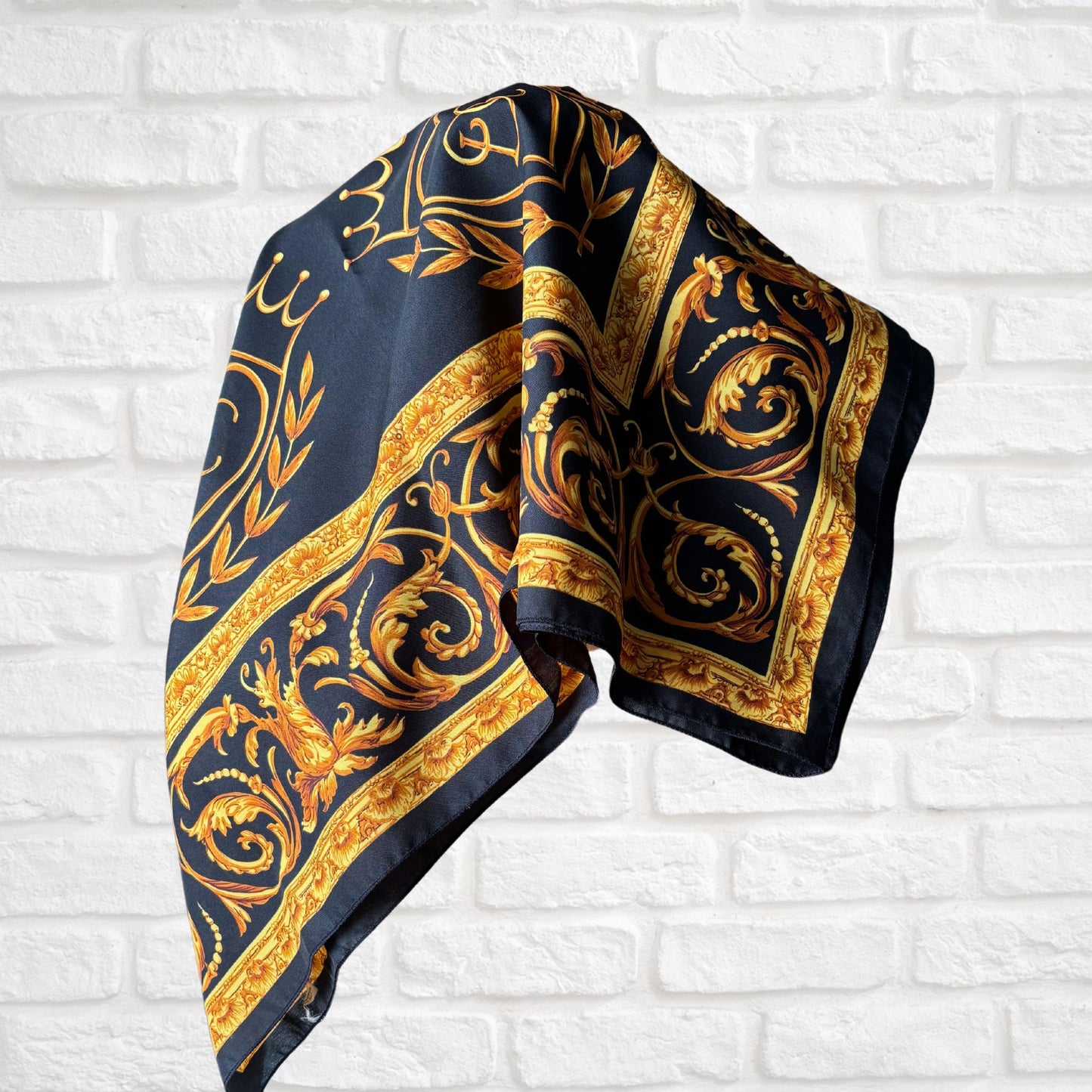 Black and Gold Baroque Style Large Square Vintage Scarf. Great Gift idea.