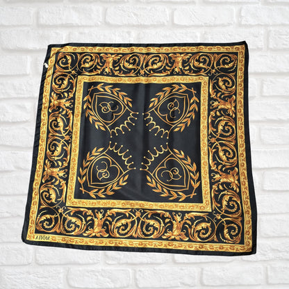 Black and Gold Baroque Style Large Square Vintage Scarf. Great Gift idea.
