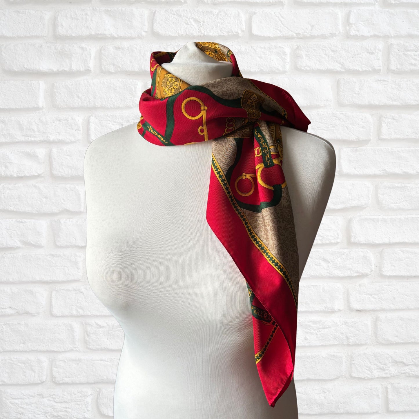 Red, Green and Gold Equestrian Style Large Square Vintage Scarf. Great Gift idea