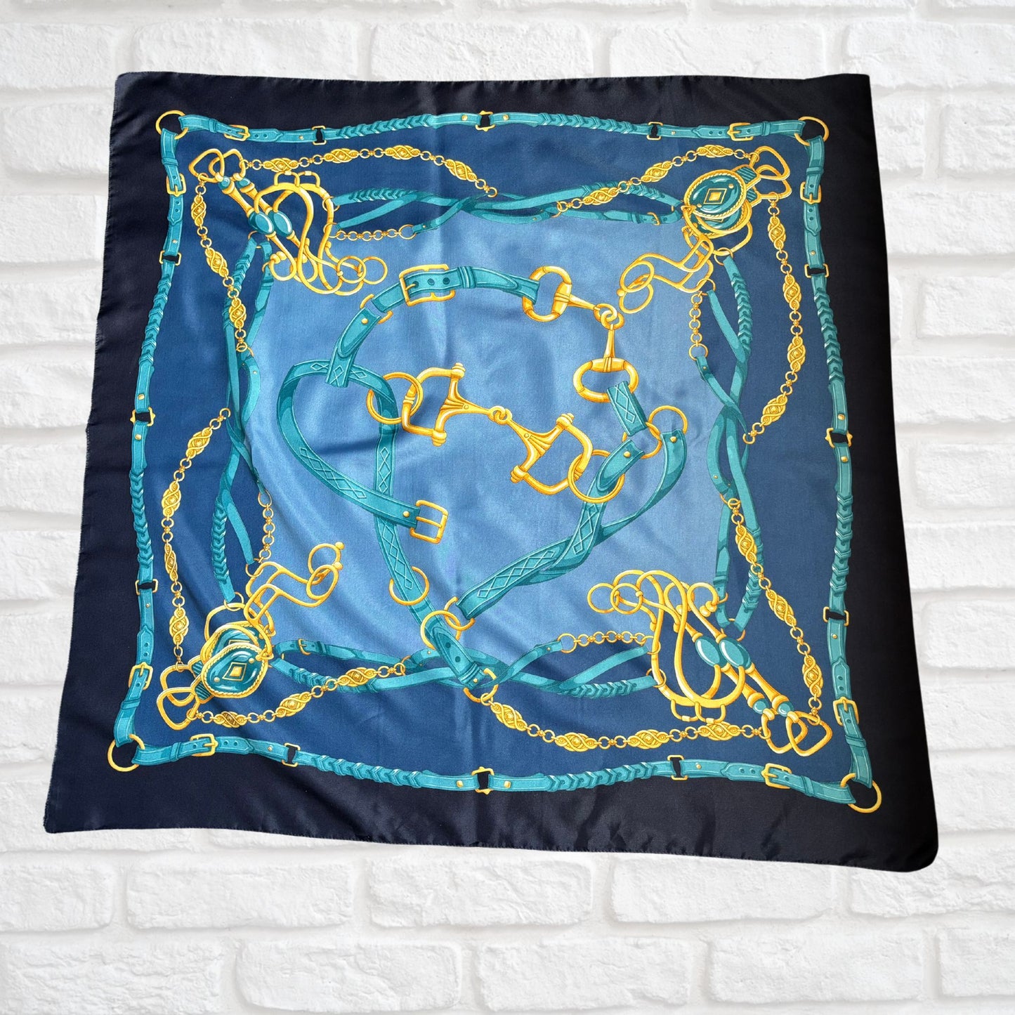 Blue and Gold Equestrian Style Large Square Vintage Scarf. Great Gift idea