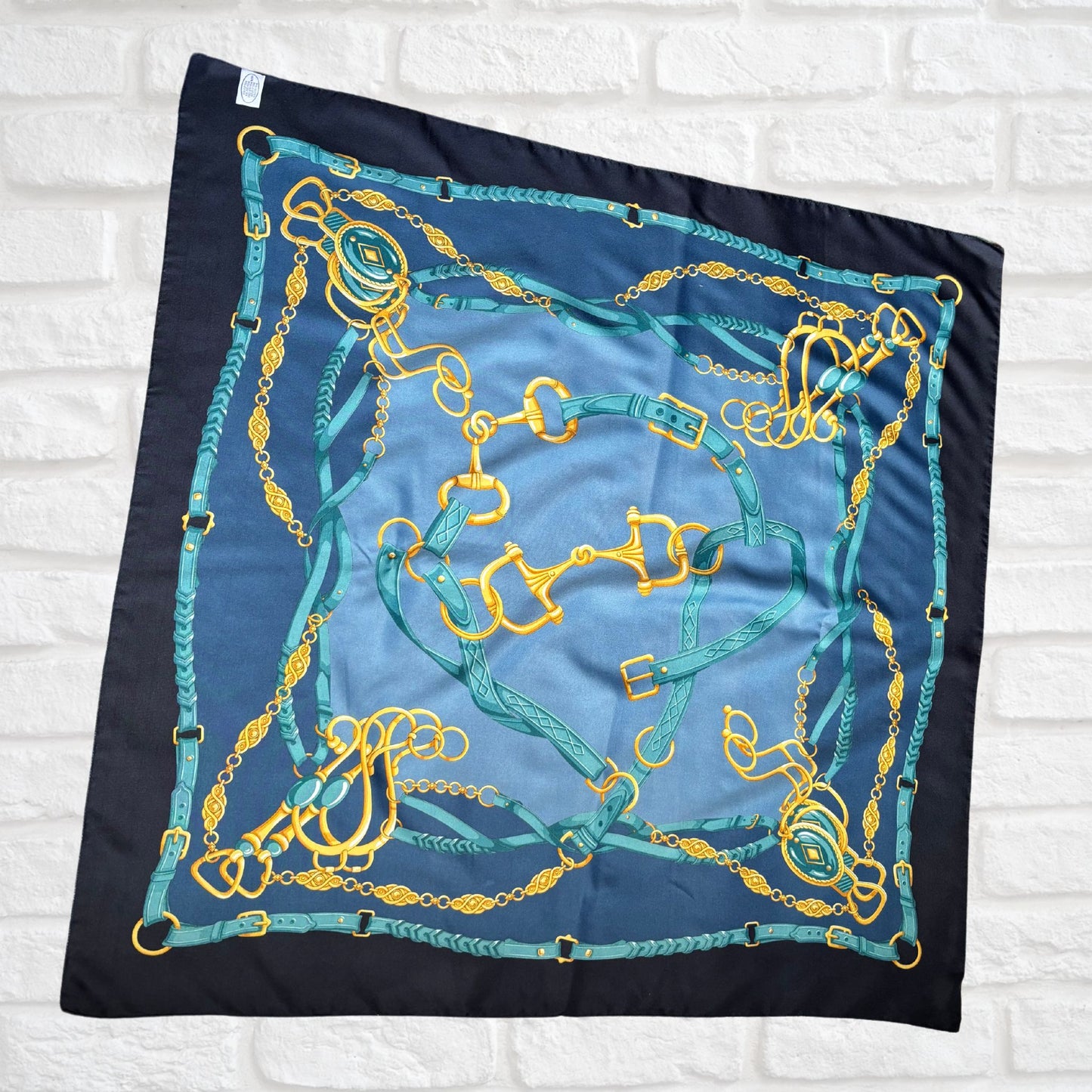 Blue and Gold Equestrian Style Large Square Vintage Scarf. Great Gift idea