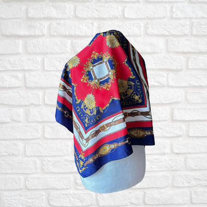 Elegant Navy Blue, Red, White, Brown and Gold Equestrian Style Square Vintage Scarf. Great Gift idea