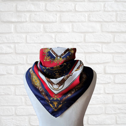 Elegant Navy Blue, Red, White, Brown and Gold Equestrian Style Square Vintage Scarf. Great Gift idea