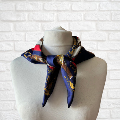 Elegant Navy Blue, Red, White, Brown and Gold Equestrian Style Square Vintage Scarf. Great Gift idea