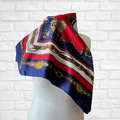 Elegant Navy Blue, Red, White, Brown and Gold Equestrian Style Square Vintage Scarf. Great Gift idea