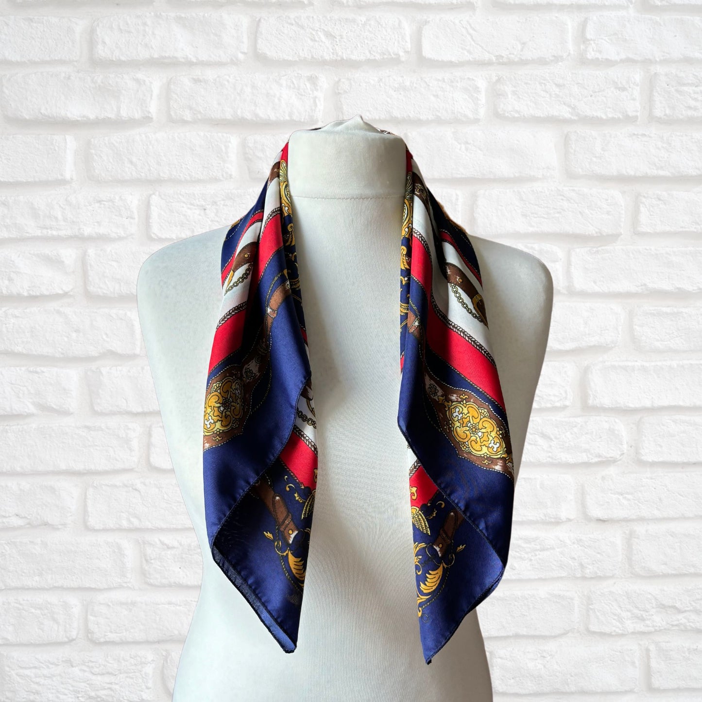 Elegant Navy Blue, Red, White, Brown and Gold Equestrian Style Square Vintage Scarf. Great Gift idea
