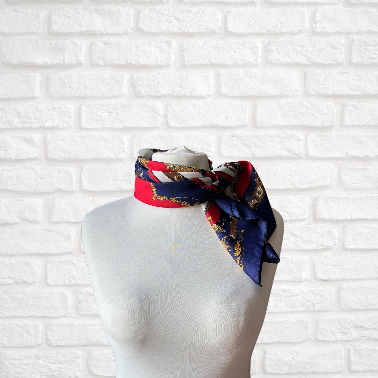Elegant Navy Blue, Red, White, Brown and Gold Equestrian Style Square Vintage Scarf. Great Gift idea
