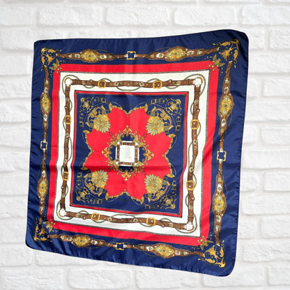 Elegant Navy Blue, Red, White, Brown and Gold Equestrian Style Square Vintage Scarf. Great Gift idea
