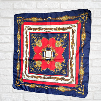 Elegant Navy Blue, Red, White, Brown and Gold Equestrian Style Square Vintage Scarf. Great Gift idea