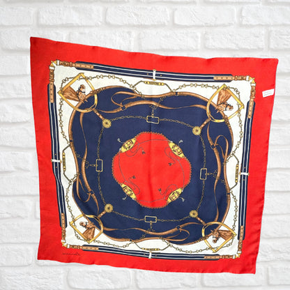 Elegant Navy Blue, Red, White , Brown and Gold Equestrian Style/Horse Design Square Vintage Scarf by Leonardi. Great Gift idea