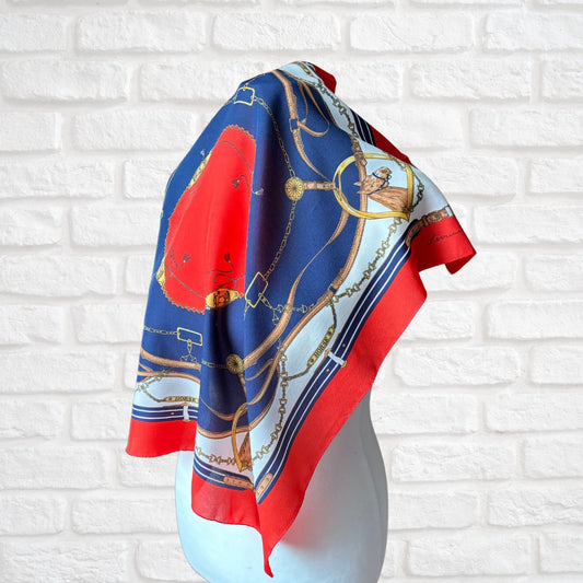 Elegant Navy Blue, Red, White , Brown and Gold Equestrian Style/Horse Design Square Vintage Scarf by Leonardi. Great Gift idea