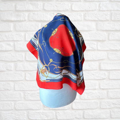 Elegant Navy Blue, Red, White , Brown and Gold Equestrian Style/Horse Design Square Vintage Scarf by Leonardi. Great Gift idea