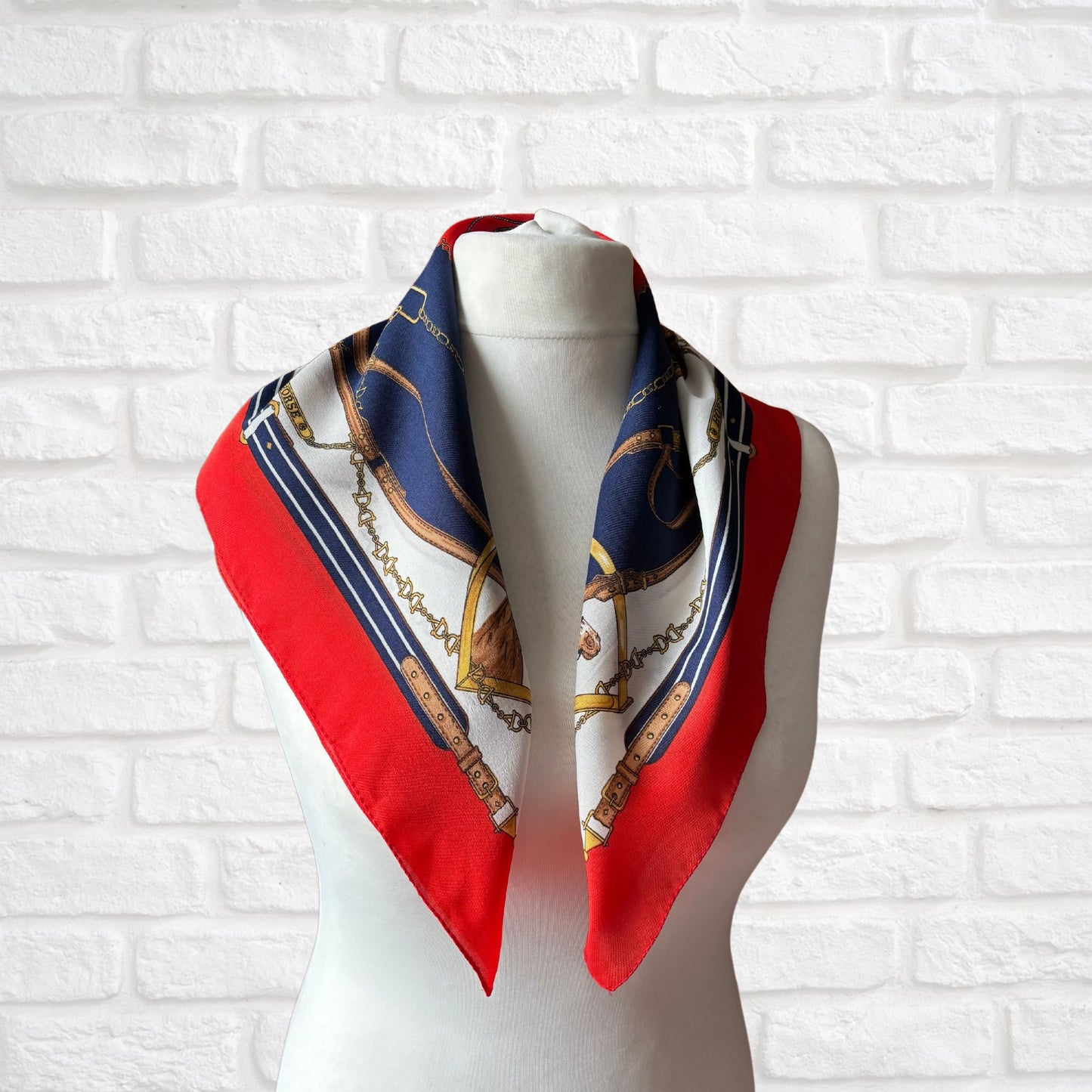 Elegant Navy Blue, Red, White , Brown and Gold Equestrian Style/Horse Design Square Vintage Scarf by Leonardi. Great Gift idea