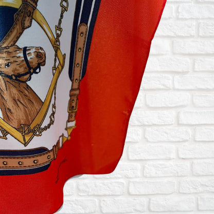 Elegant Navy Blue, Red, White , Brown and Gold Equestrian Style/Horse Design Square Vintage Scarf by Leonardi. Great Gift idea