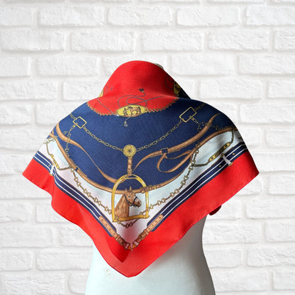 Elegant Navy Blue, Red, White , Brown and Gold Equestrian Style/Horse Design Square Vintage Scarf by Leonardi. Great Gift idea