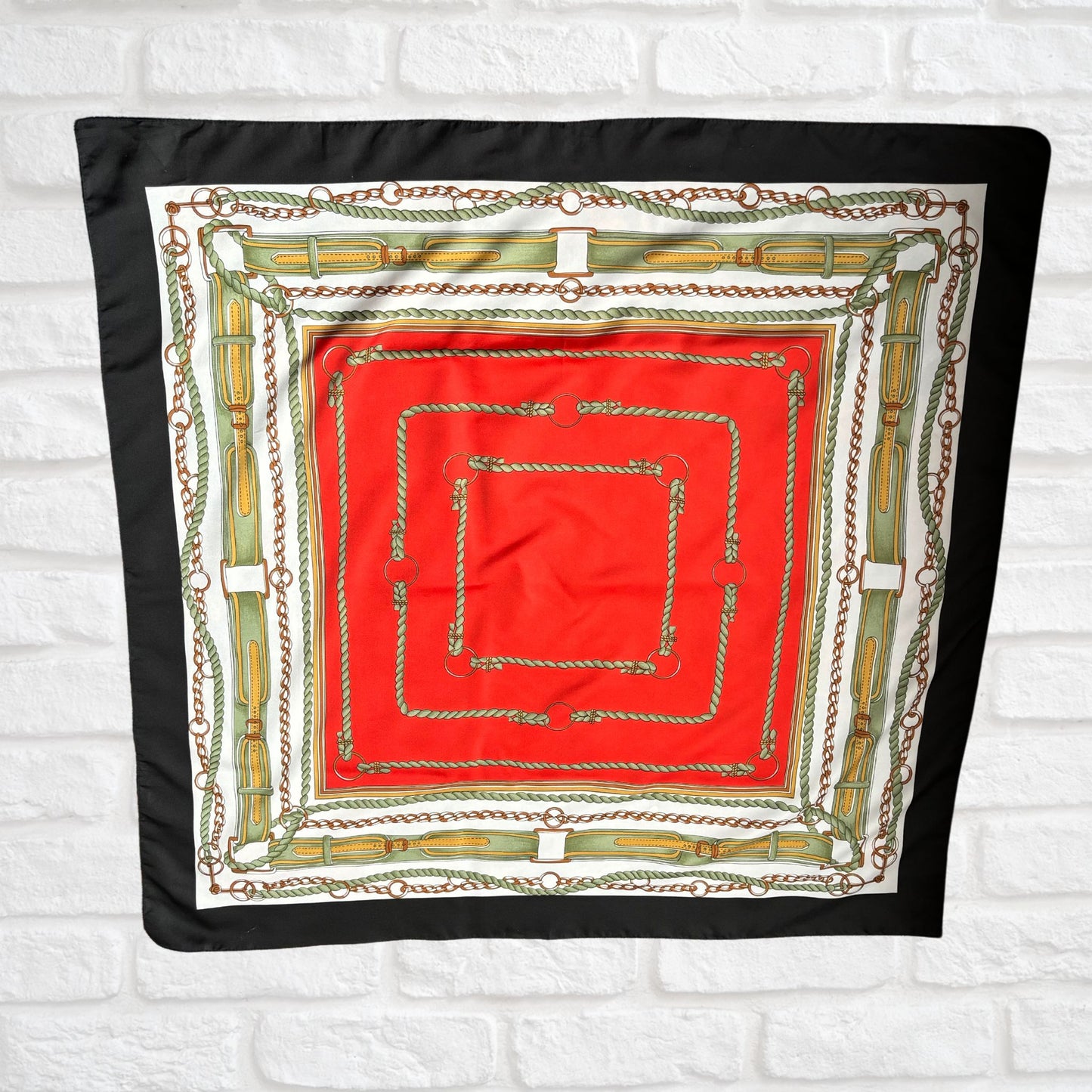 Black, White, Green, Red and Brown Equestrian Style Large Square Vintage Scarf. Great Gift idea