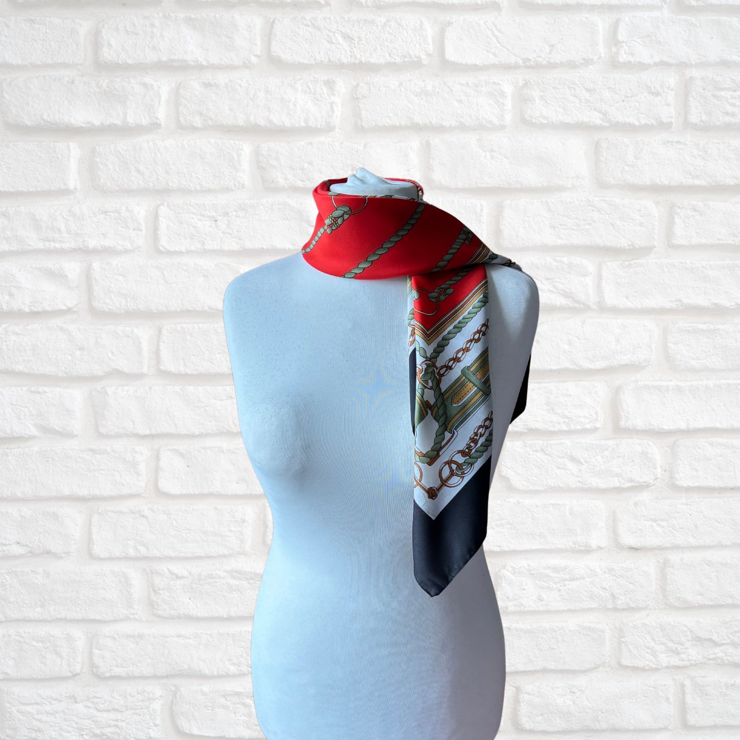Black, White, Green, Red and Brown Equestrian Style Large Square Vintage Scarf. Great Gift idea