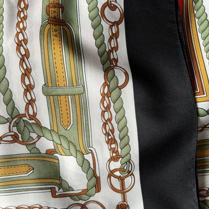 Black, White, Green, Red and Brown Equestrian Style Large Square Vintage Scarf. Great Gift idea