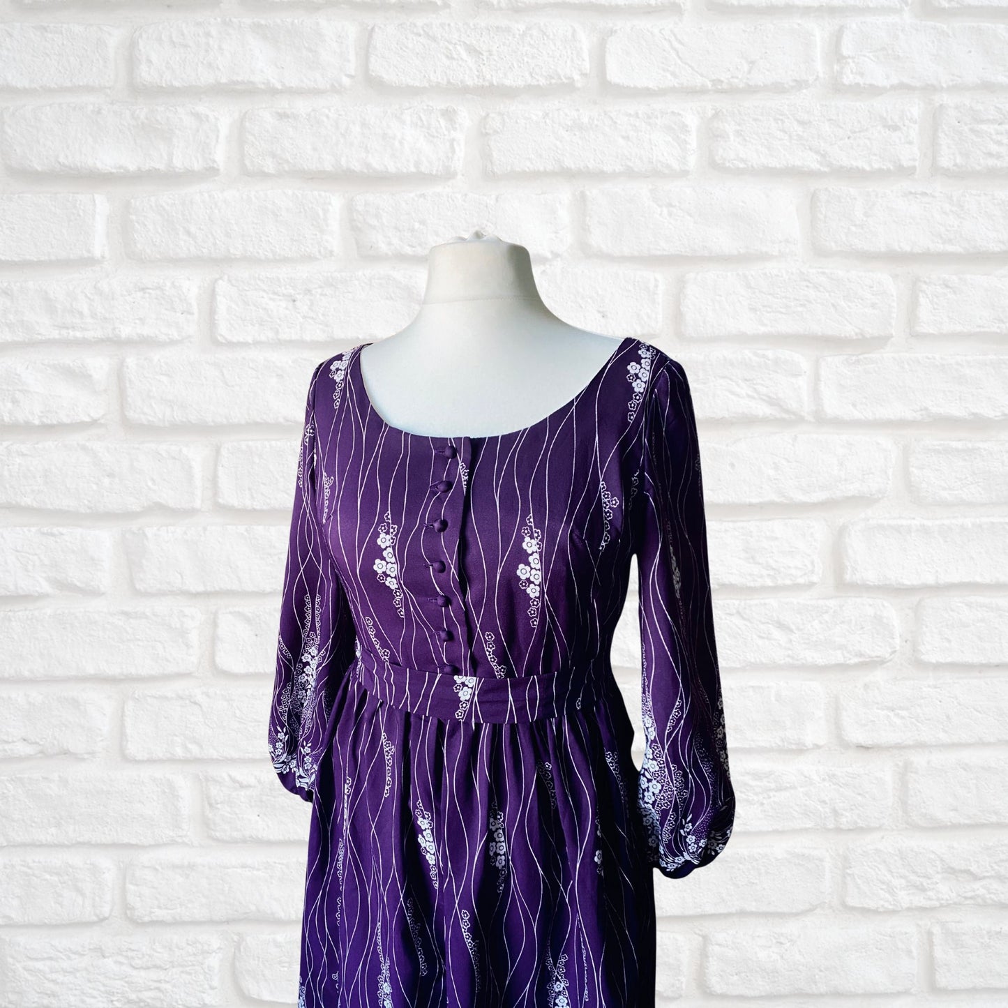 70s purple maxi with white floral print. Approx  U.K size 14 -16