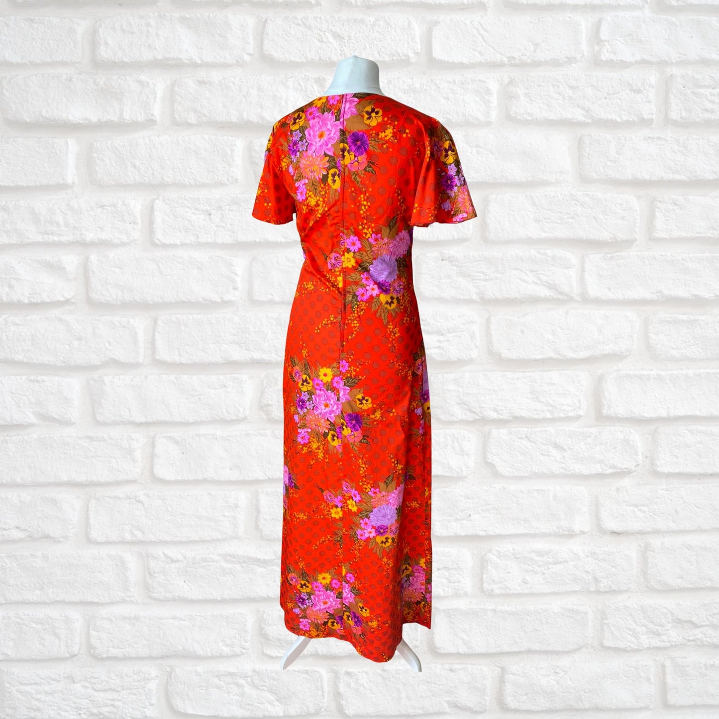 90s orange cotton floral maxi dress. Approx U.K. size 6-8