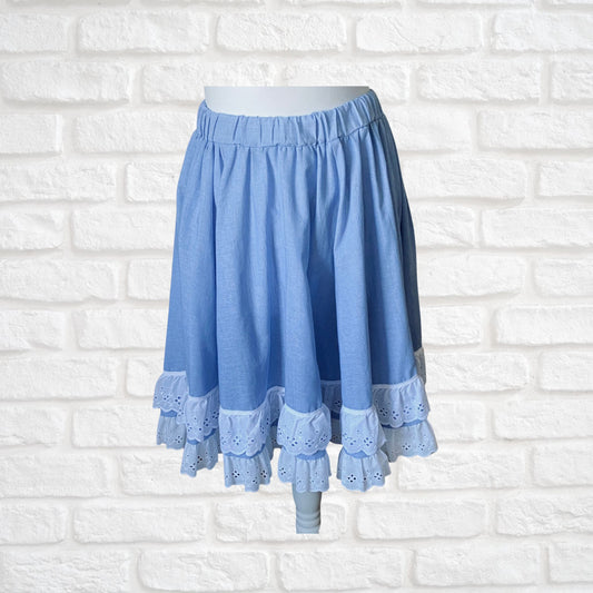 80s sky blue vintage mini skirt with white double ruffle hem. Approx UK size 6-10