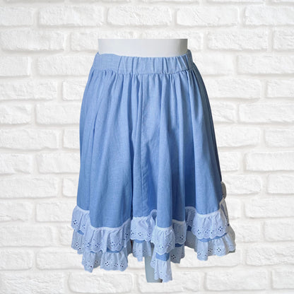 80s sky blue vintage mini skirt with white double ruffle hem. Approx UK size 6-10
