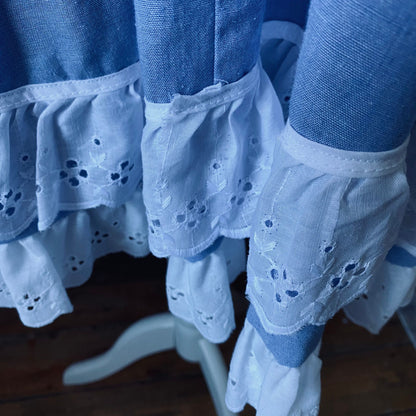 80s sky blue vintage mini skirt with white double ruffle hem. Approx UK size 6-10