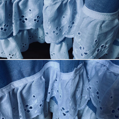 80s sky blue vintage mini skirt with white double ruffle hem. Approx UK size 6-10