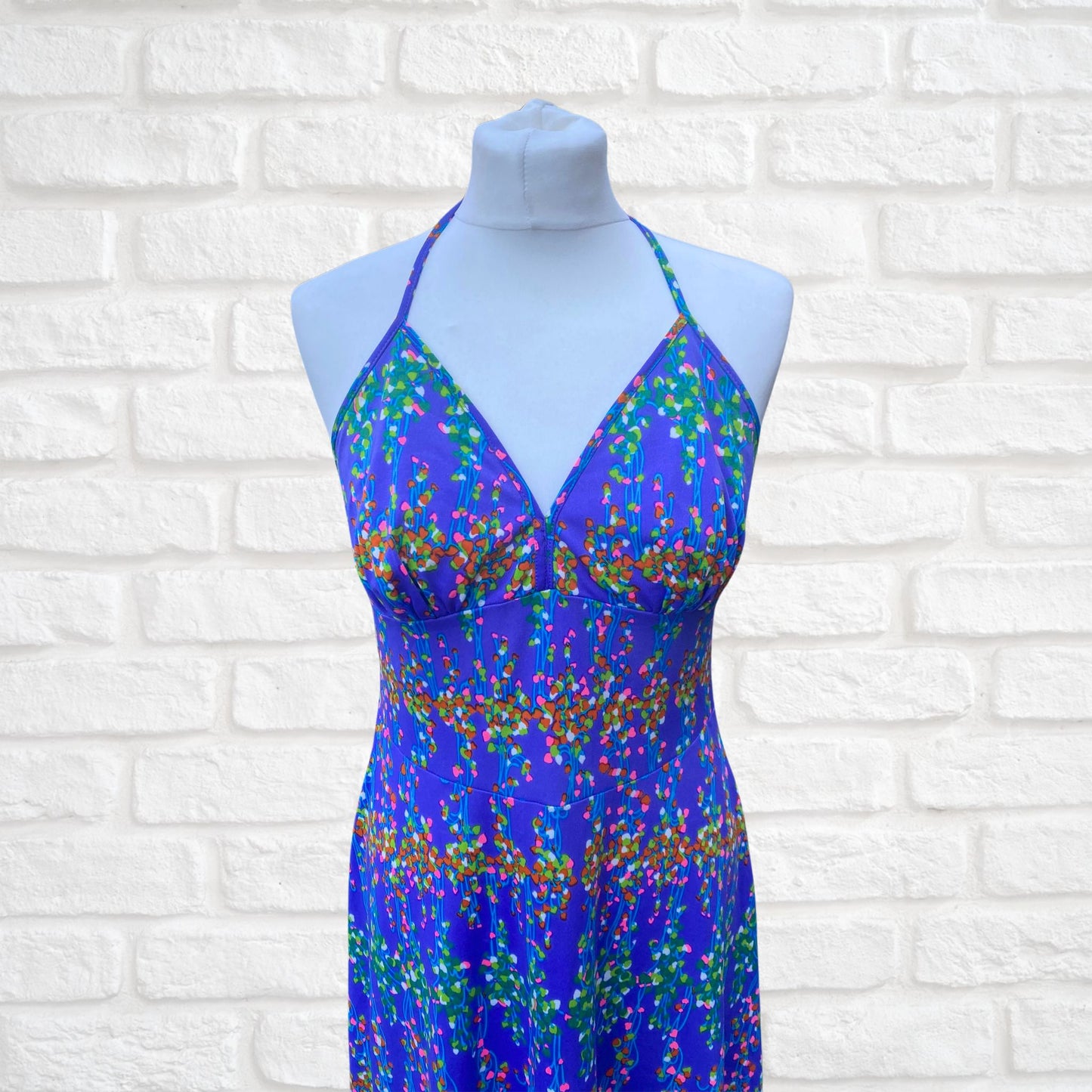 70s rainbow abstract print halter neck dress. Approx U.K. size 10-12